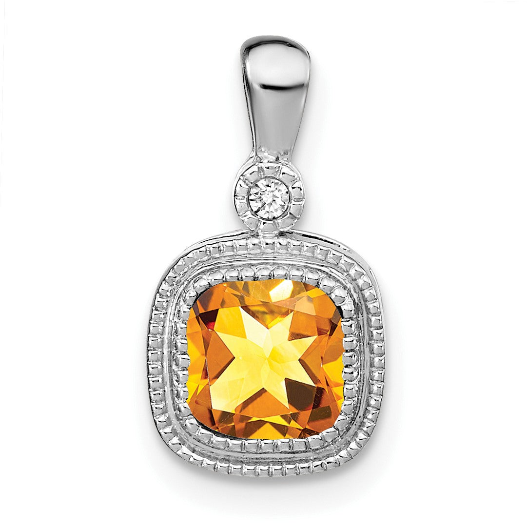 14k White Gold 6mm Cushion Citrine and Diamond Pendant