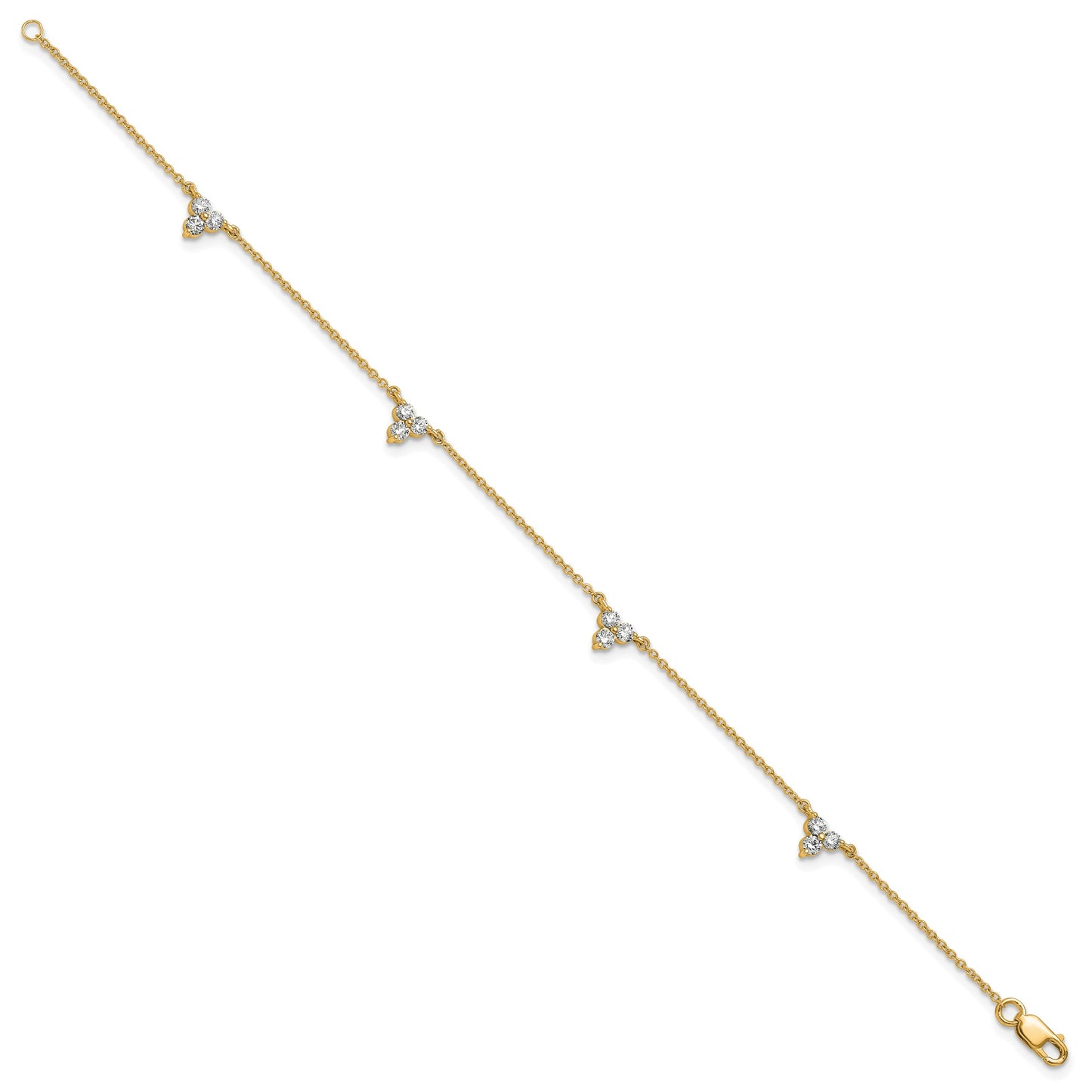 14k Complete 5/8 carat Diamond 3-Stone Cluster 4-Station 7 inch Bracelet