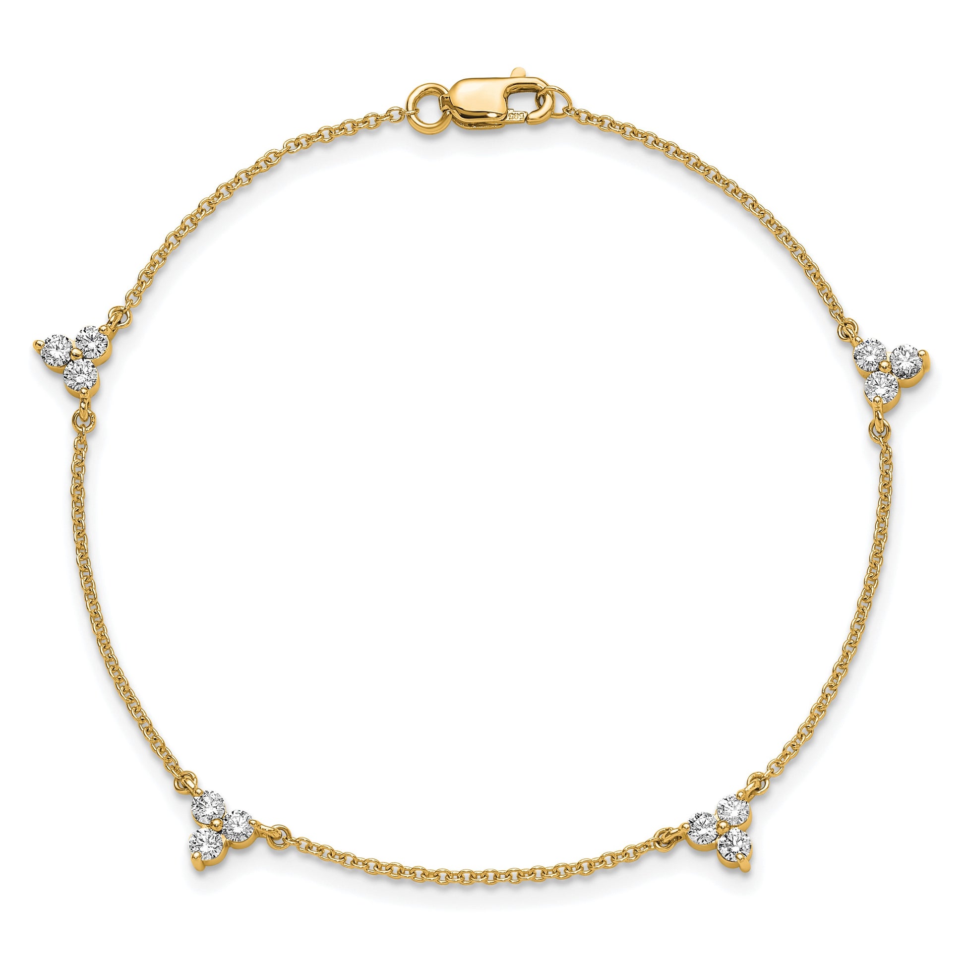 14k Complete 5/8 carat Diamond 3-Stone Cluster 4-Station 7 inch Bracelet