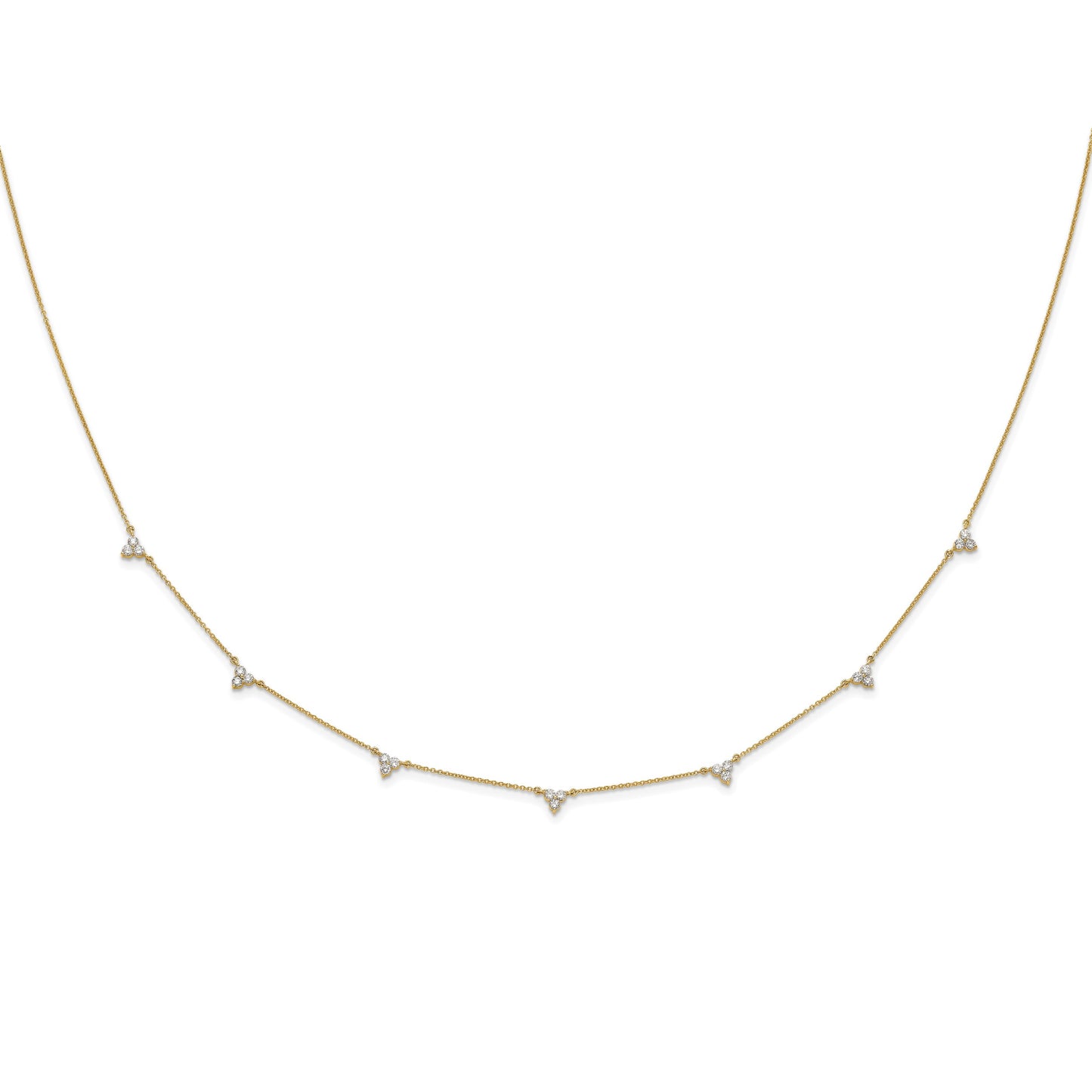 14k Complete 1 carat Diamond 3-Stone Cluster 7-Station 18 inch Necklace