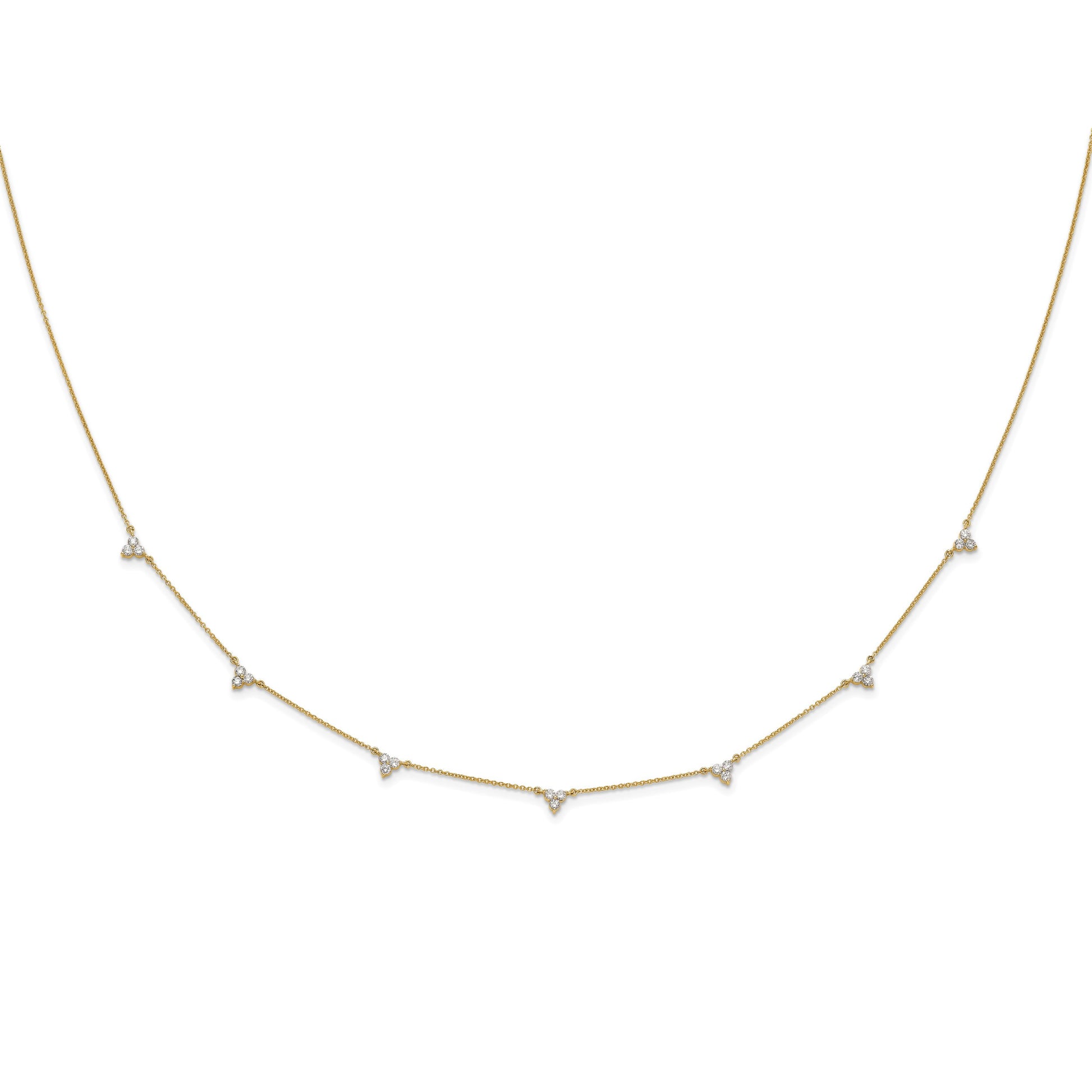 14k Complete 1 carat Diamond 3-Stone Cluster 7-Station 18 inch Necklace