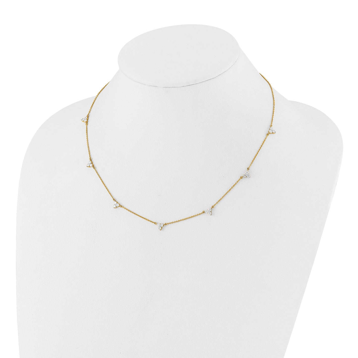 14k Complete 1 carat Diamond 3-Stone Cluster 7-Station 18 inch Necklace