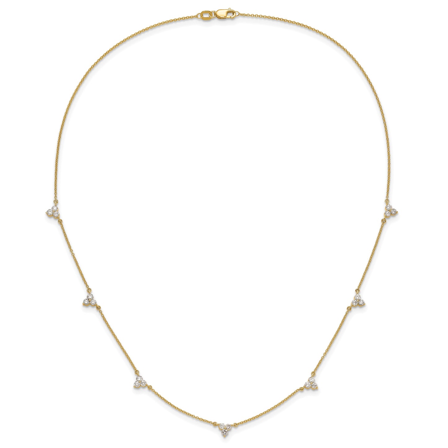 14k Complete 1 carat Diamond 3-Stone Cluster 7-Station 18 inch Necklace