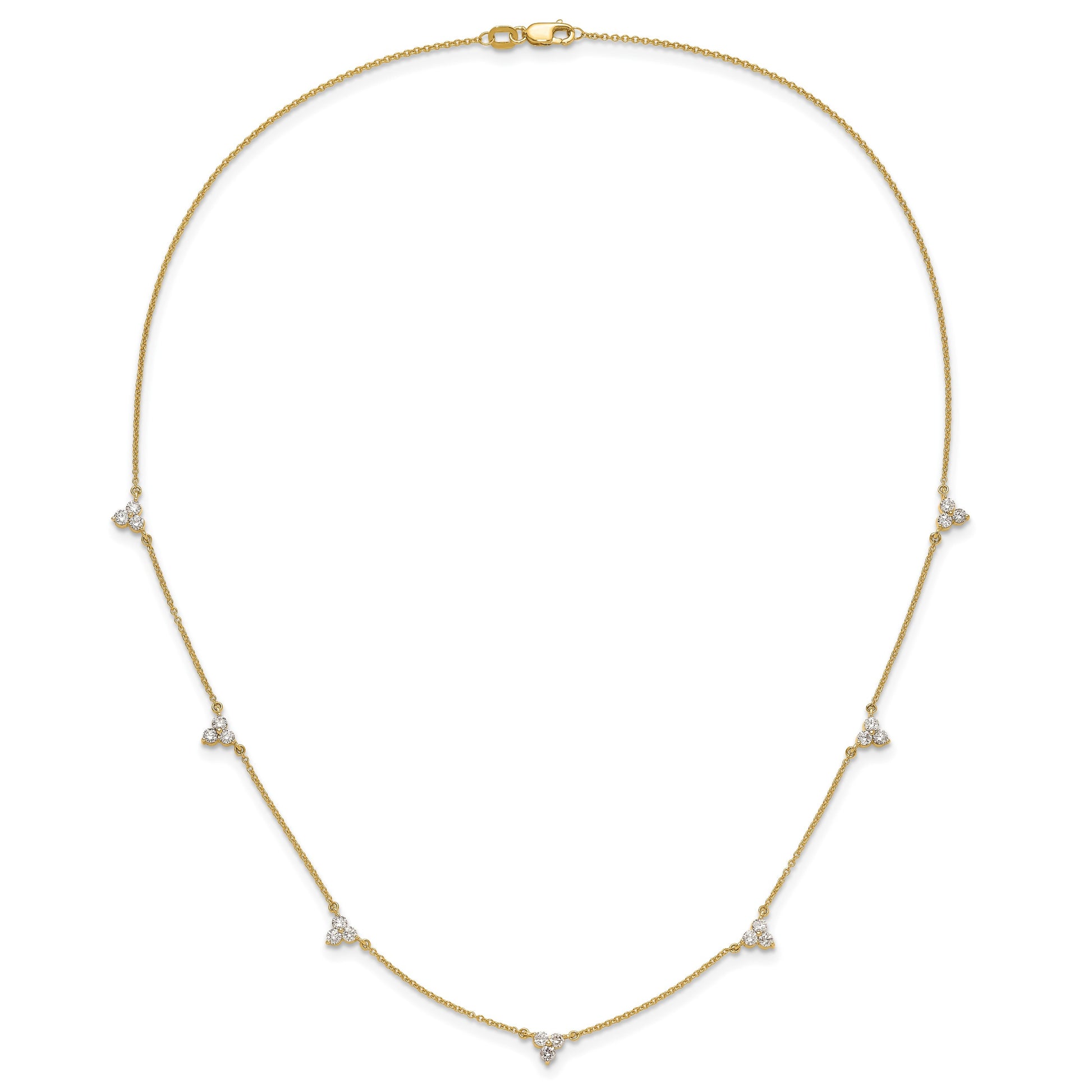 14k Complete 1 carat Diamond 3-Stone Cluster 7-Station 18 inch Necklace
