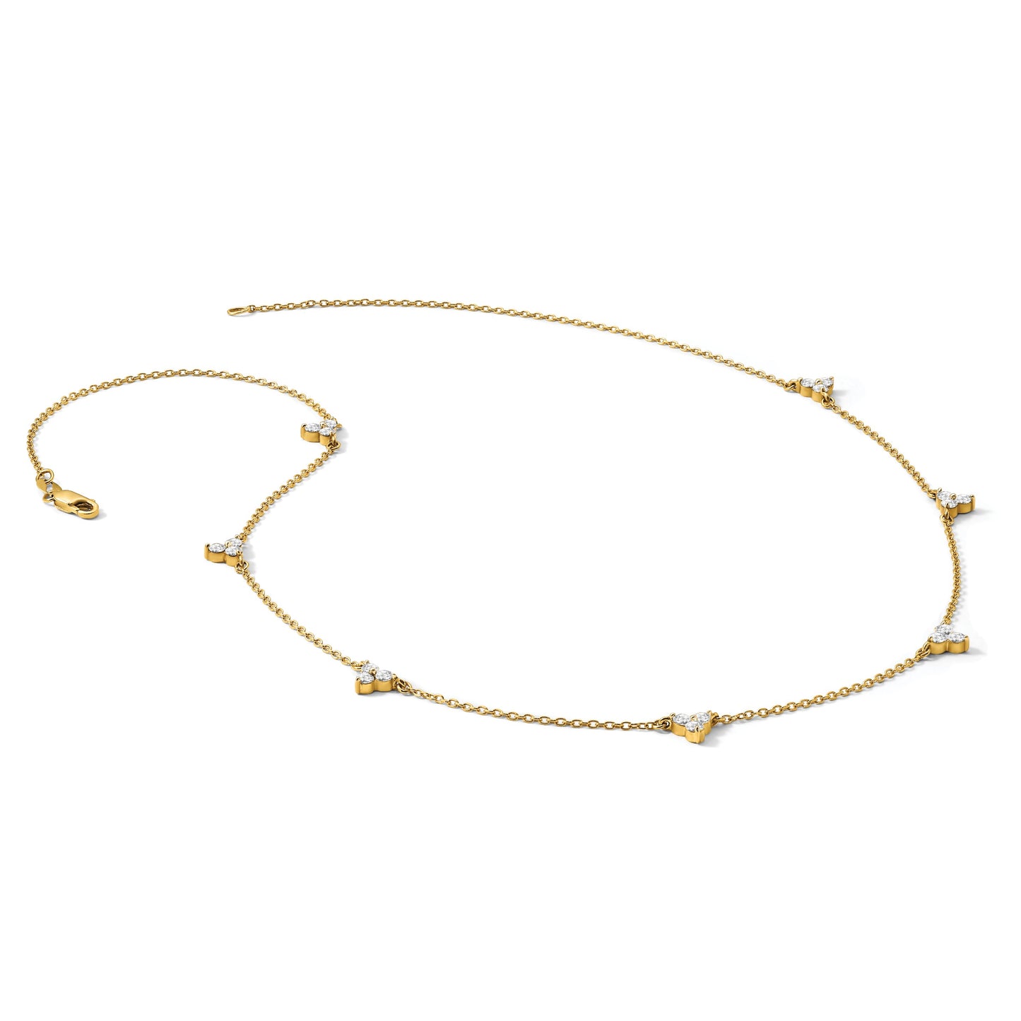 14k Complete 1 carat Diamond 3-Stone Cluster 7-Station 18 inch Necklace