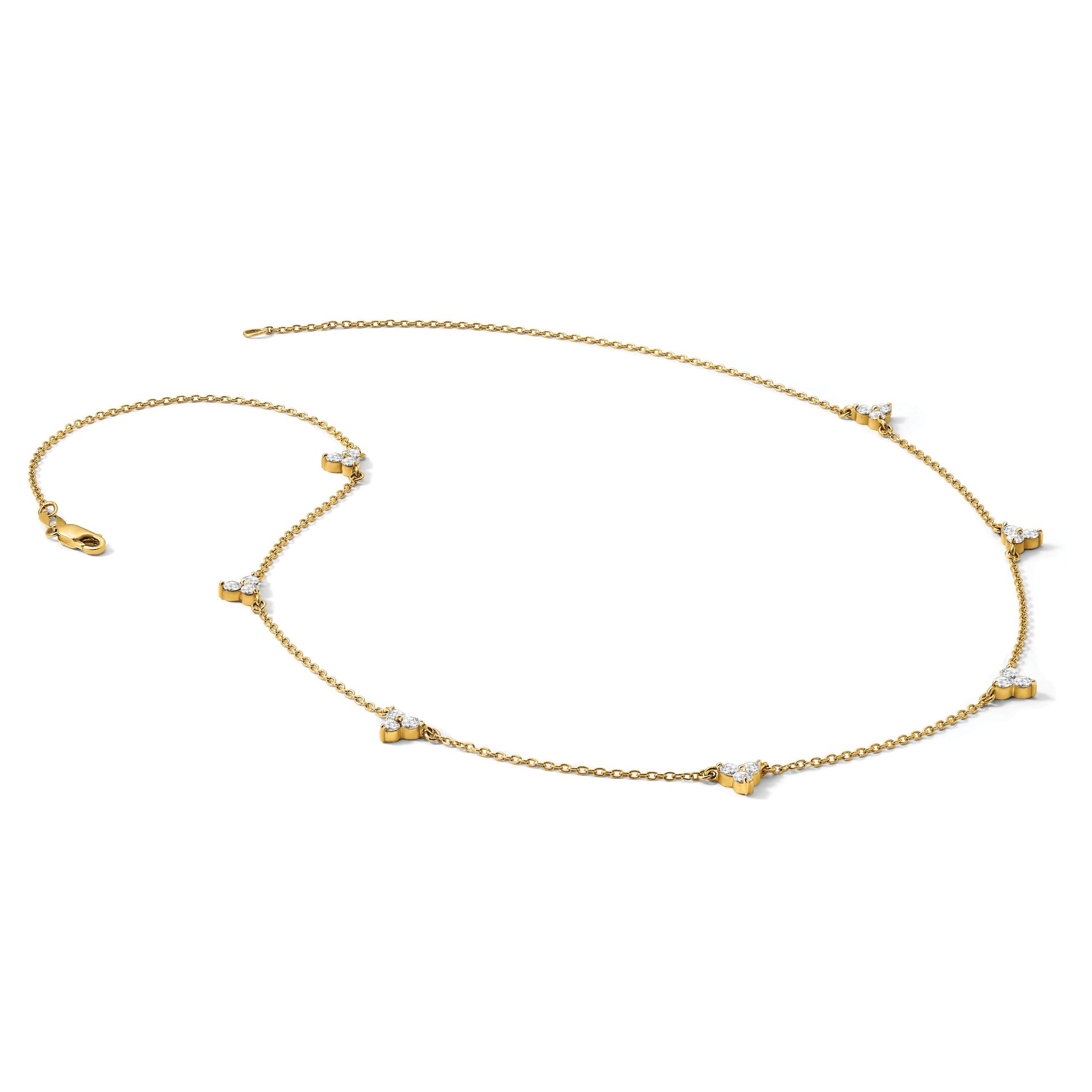 14k Complete 1 carat Diamond 3-Stone Cluster 7-Station 18 inch Necklace
