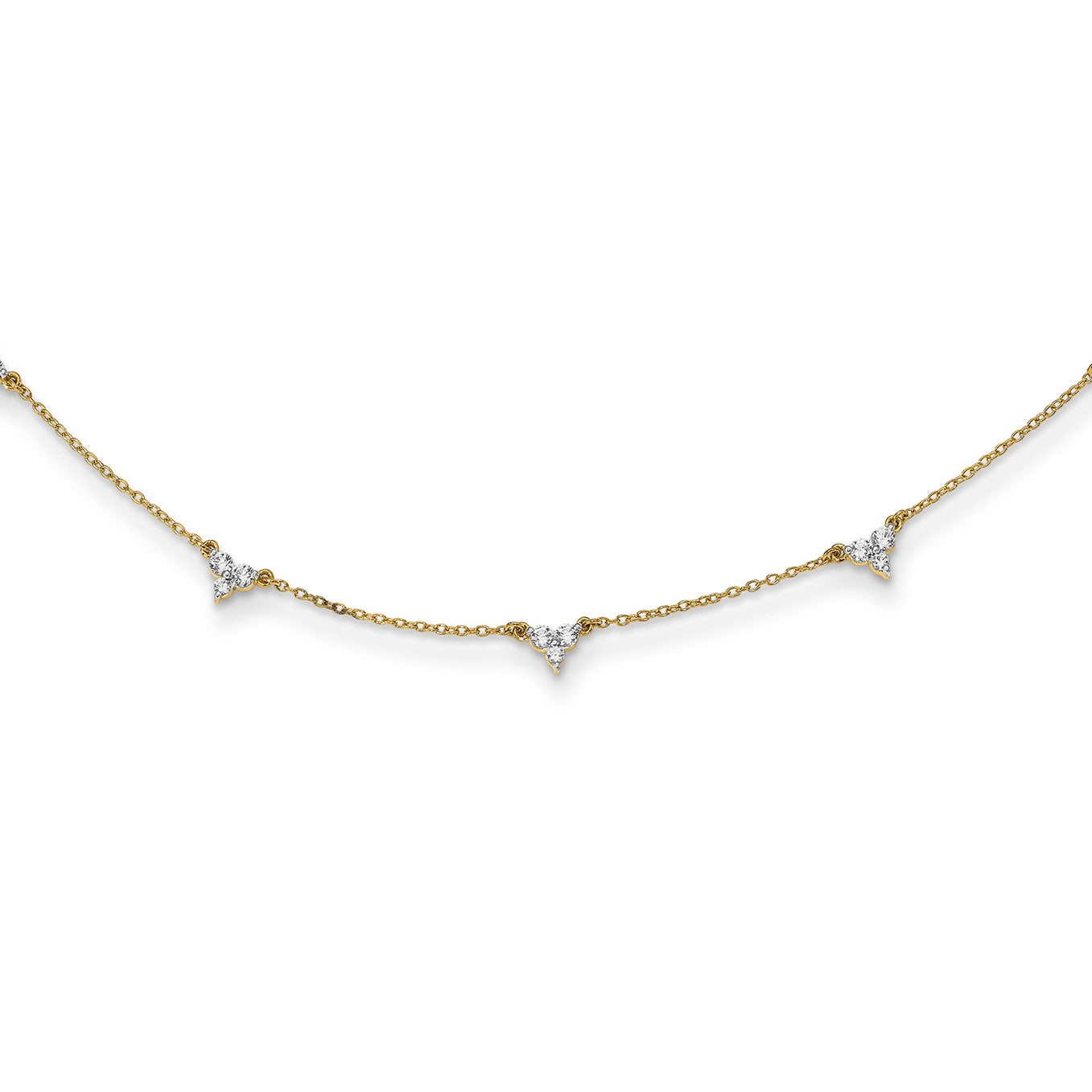14k Complete 1 carat Diamond 3-Stone Cluster 7-Station 18 inch Necklace