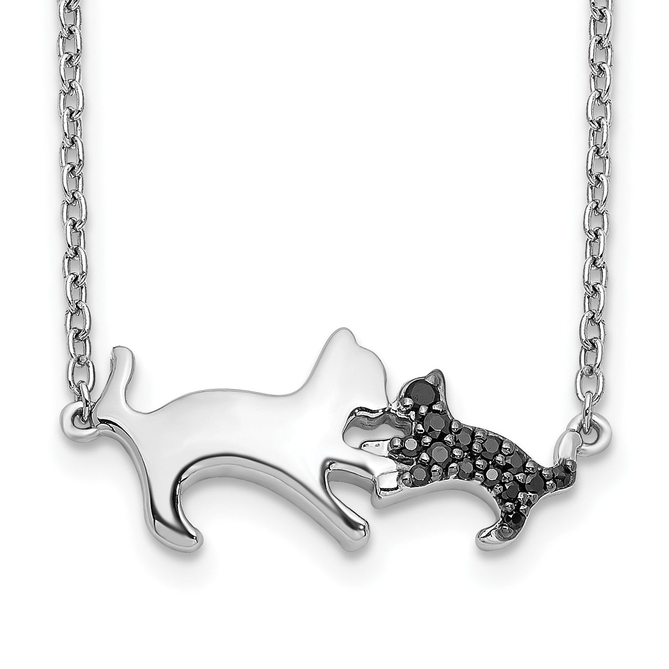 14k White Gold 1/20 carat Black Diamond Mother and Baby Cat 18 inch Necklace