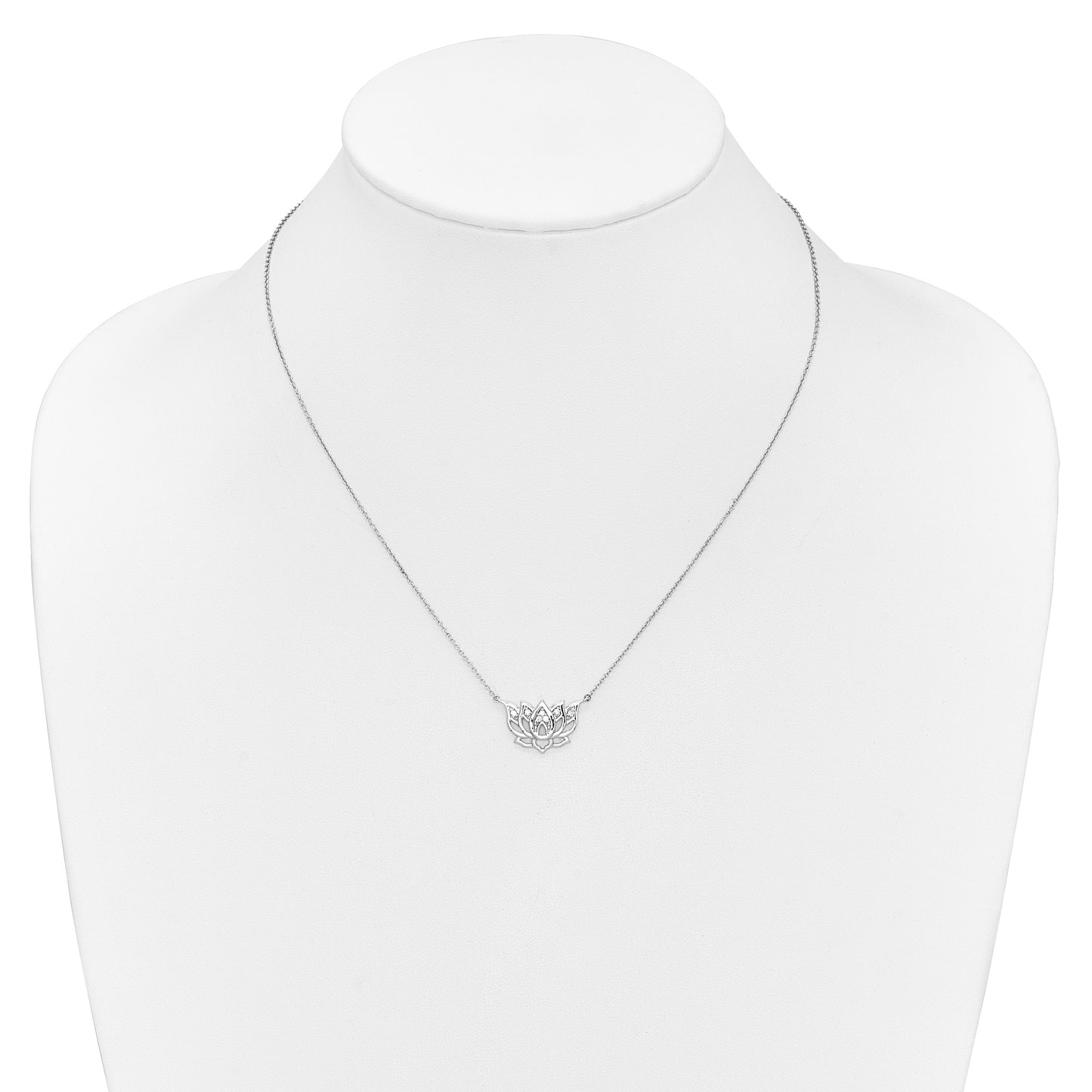 14k White Gold 1/15 carat Diamond Lotus Flower 18 inch Necklace