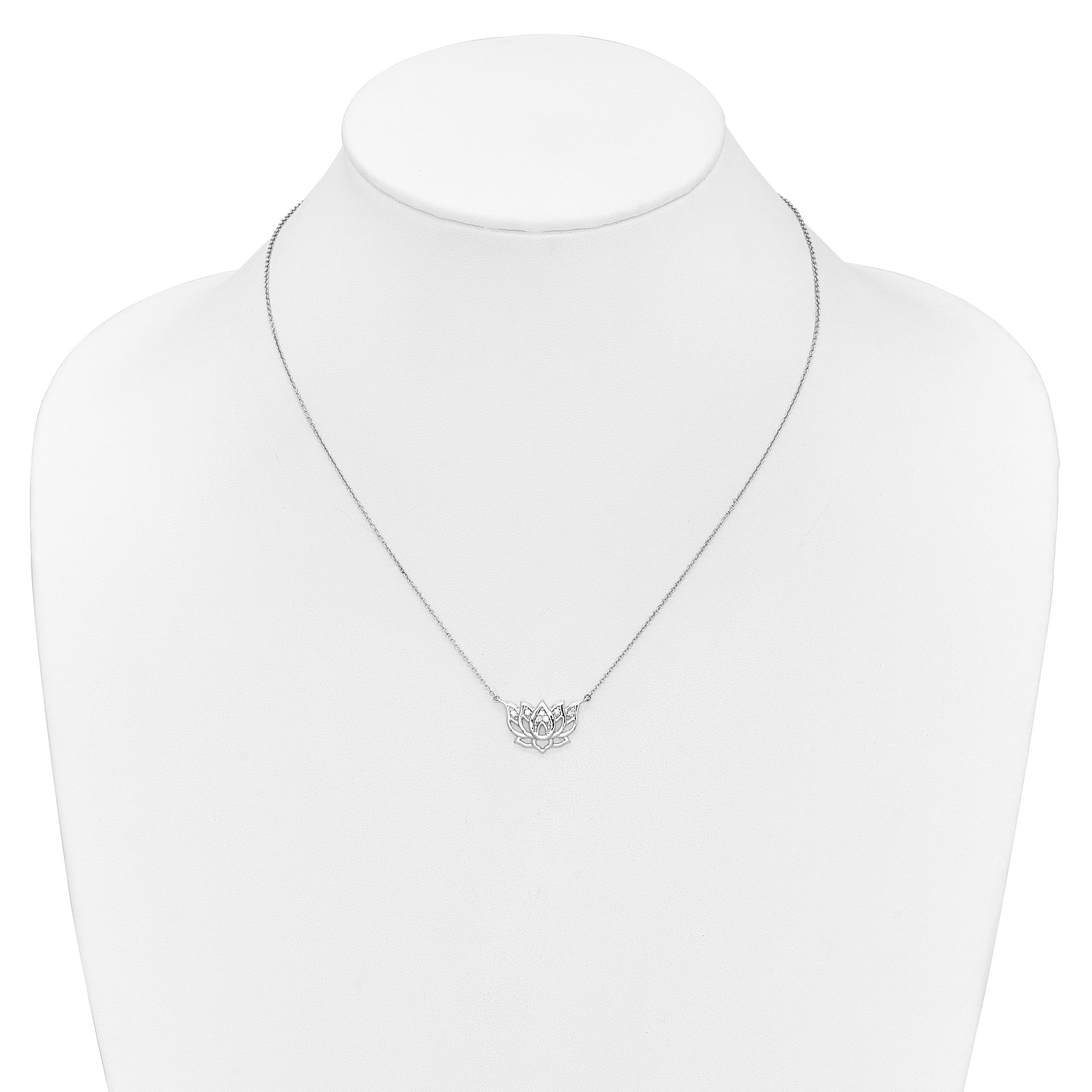 14k White Gold 1/15 carat Diamond Lotus Flower 18 inch Necklace