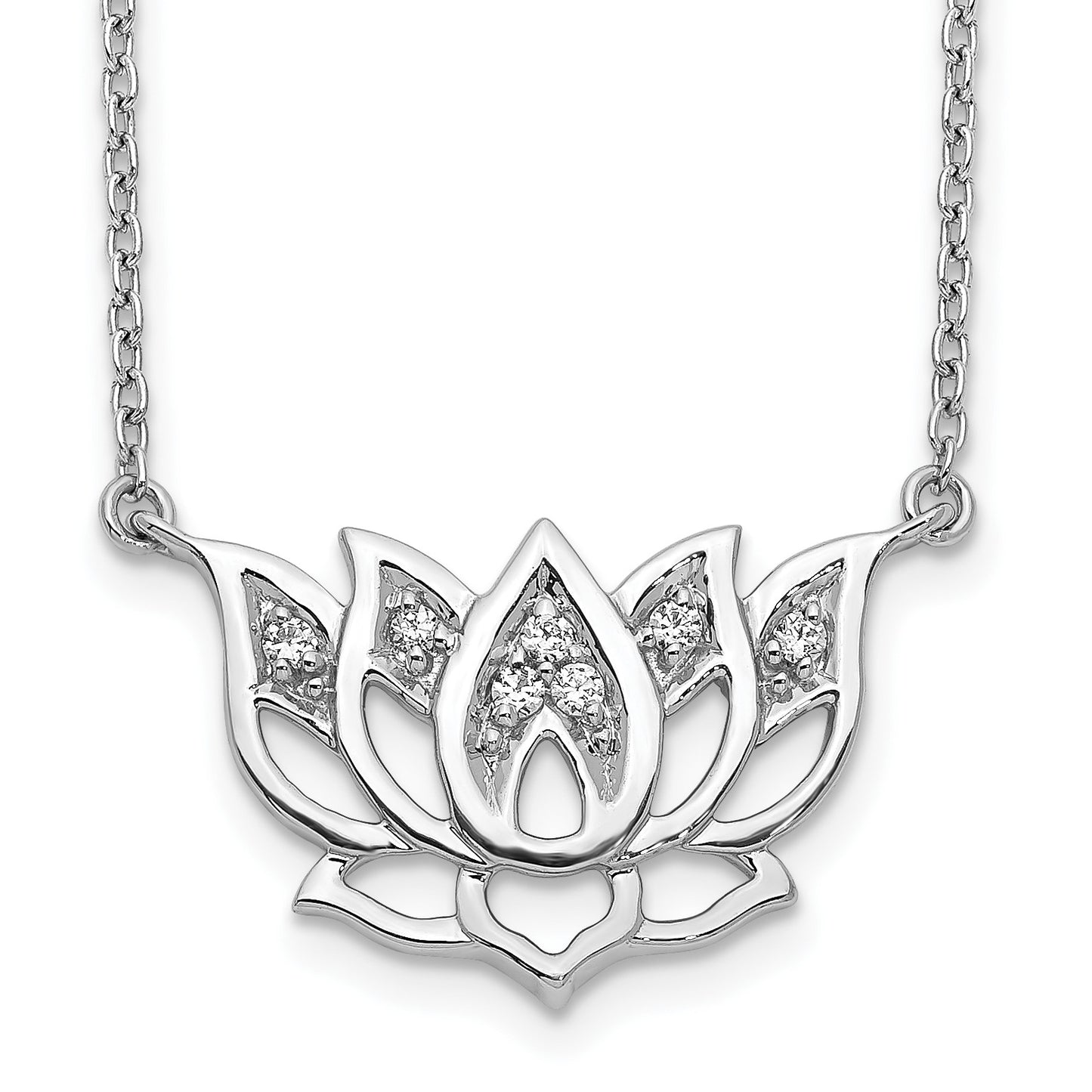 14k White Gold 1/15 carat Diamond Lotus Flower 18 inch Necklace