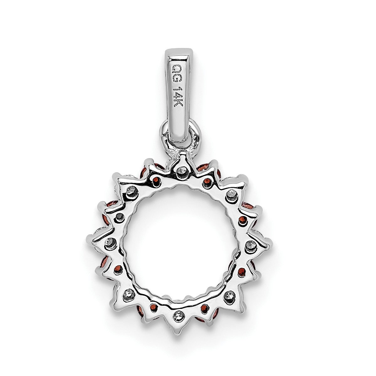 14k White Gold Diamond and .08 Garnet Fancy Circle Pendant