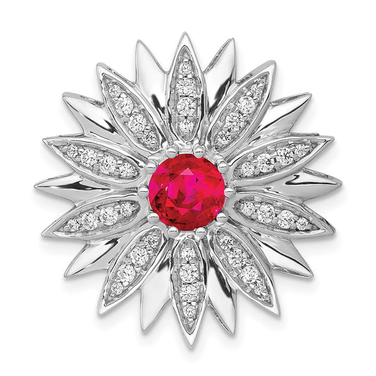14k White Gold 3/8 carat Diamond and Ruby Flower Chain Slide