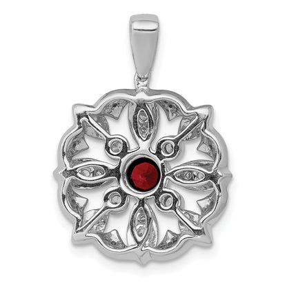 14k White Gold Diamond and 4mm Round Garnet Fancy Vintage Pendant