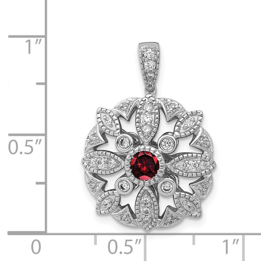 14k White Gold Diamond and 4mm Round Garnet Fancy Vintage Pendant