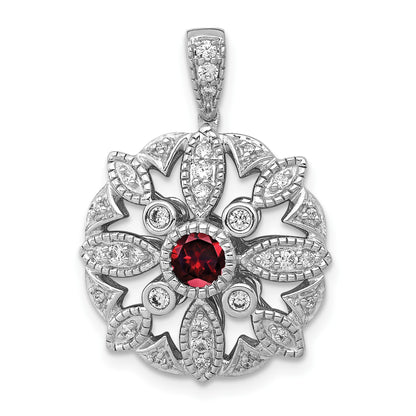 14k White Gold Diamond and 4mm Round Garnet Fancy Vintage Pendant