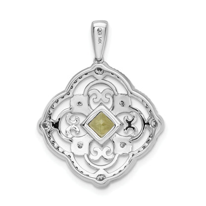 14k White Gold Diamond and 4mm Square Peridot Fancy Filigree Pendant