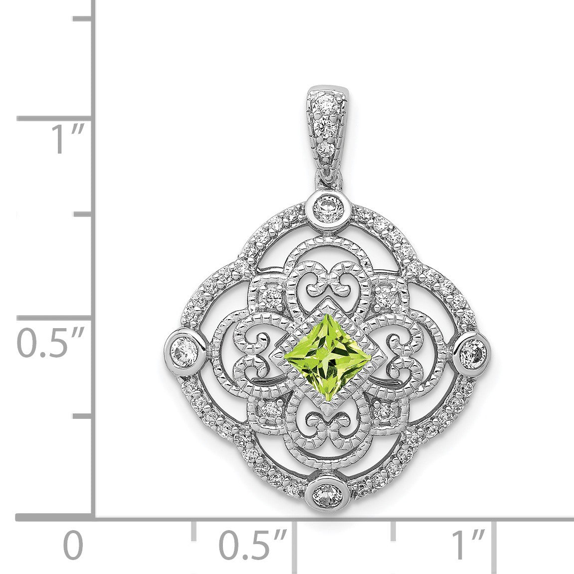 14k White Gold Diamond and 4mm Square Peridot Fancy Filigree Pendant