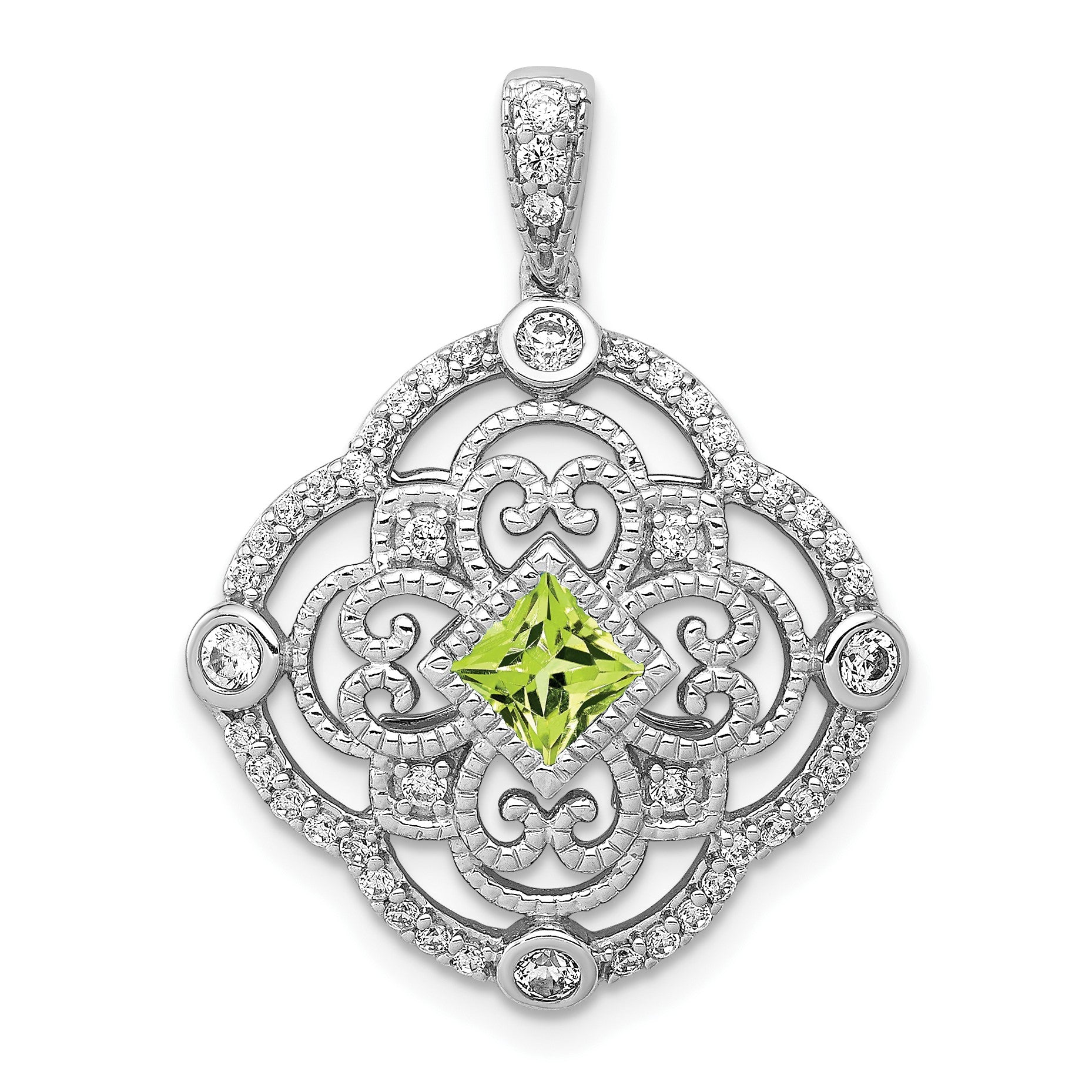 14k White Gold Diamond and 4mm Square Peridot Fancy Filigree Pendant