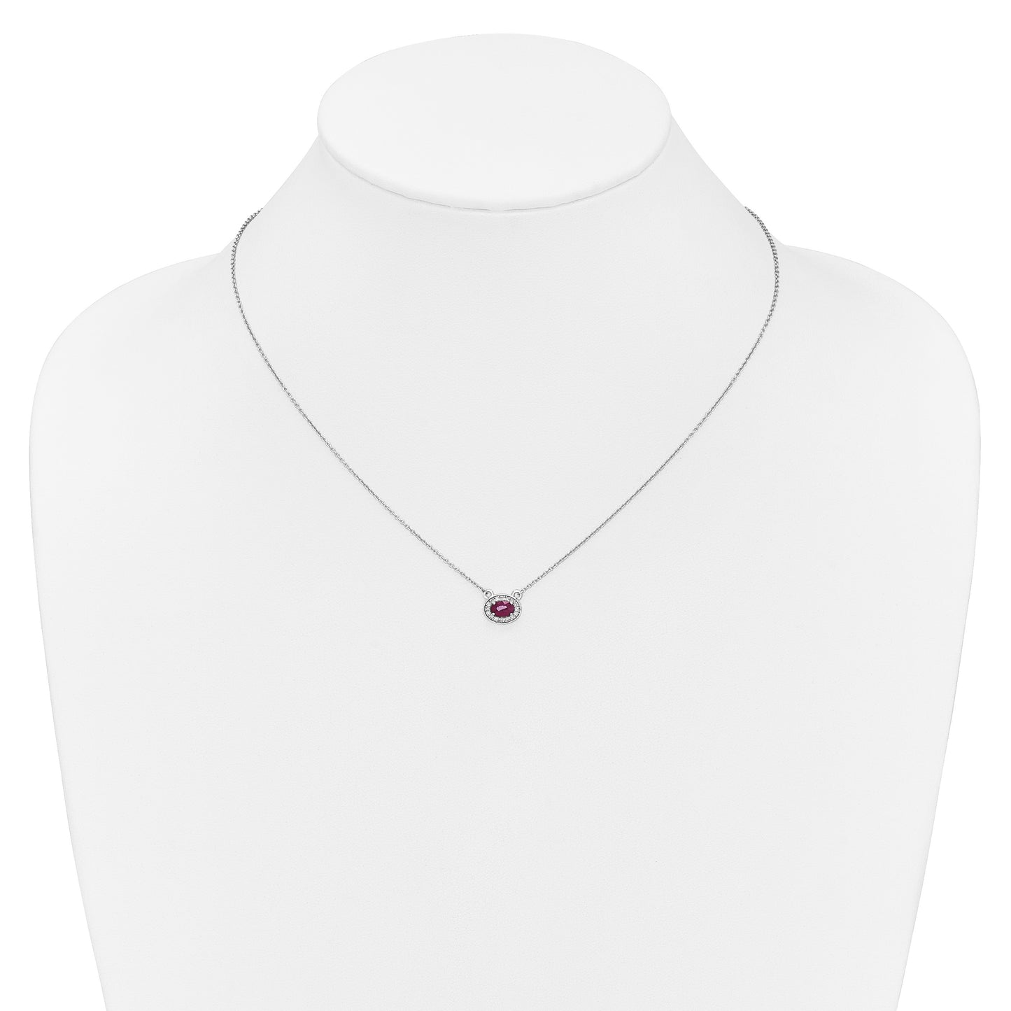 14k White Gold Diamond and 6x4mm Oval Ruby Halo East-West 18 inch Necklace