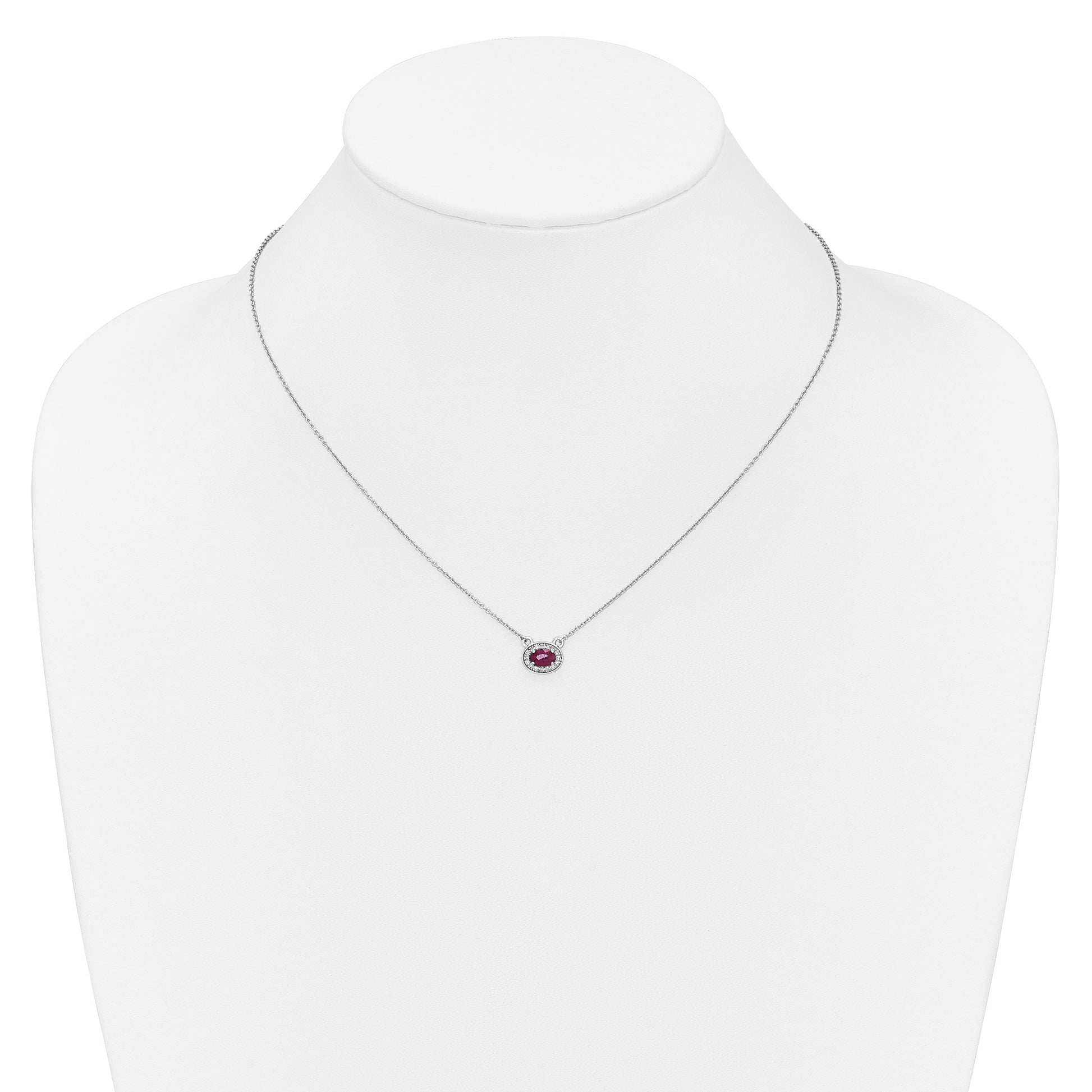 14k White Gold Diamond and 6x4mm Oval Ruby Halo East-West 18 inch Necklace