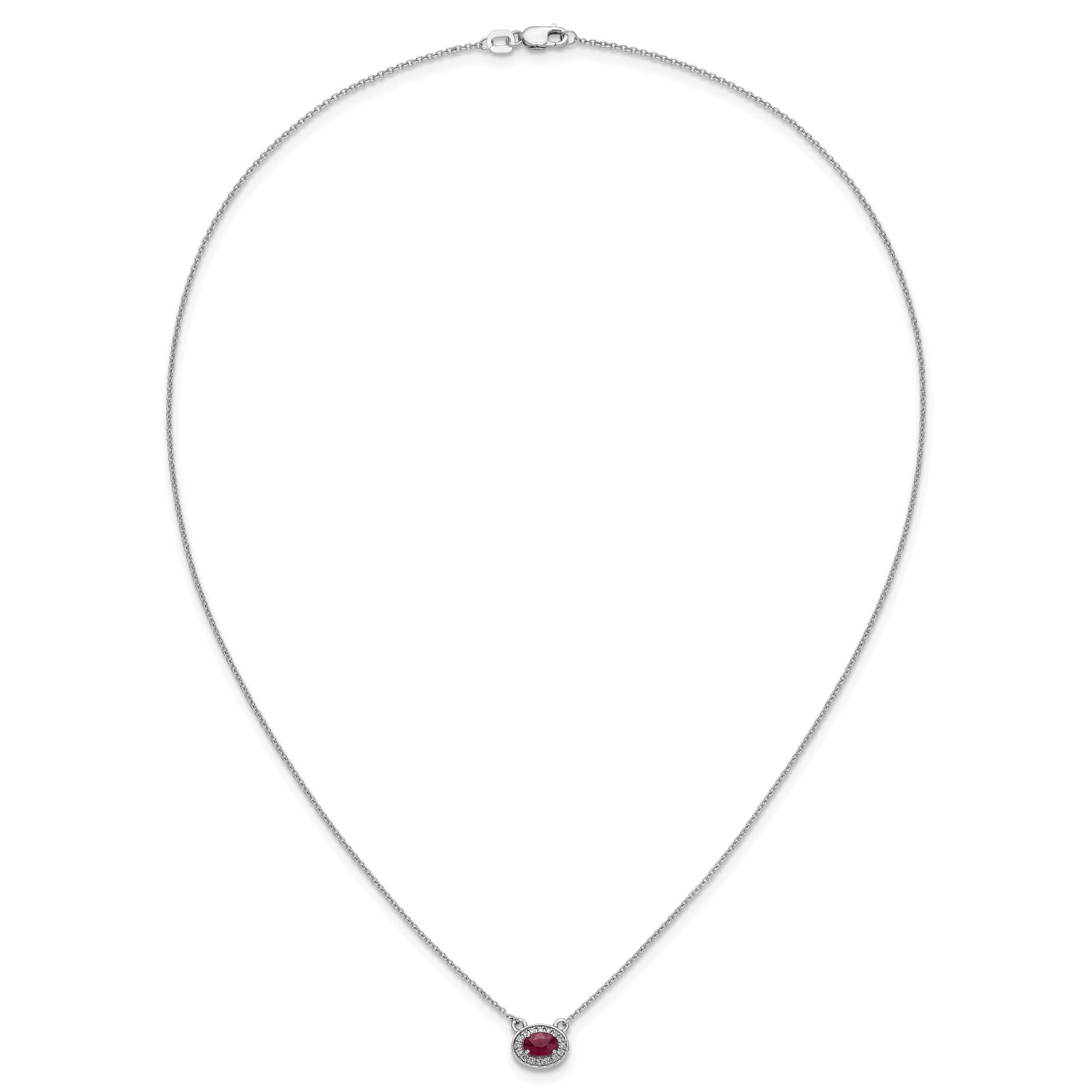 14k White Gold Diamond and 6x4mm Oval Ruby Halo East-West 18 inch Necklace
