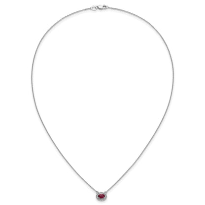 14k White Gold Diamond and 6x4mm Oval Ruby Halo East-West 18 inch Necklace
