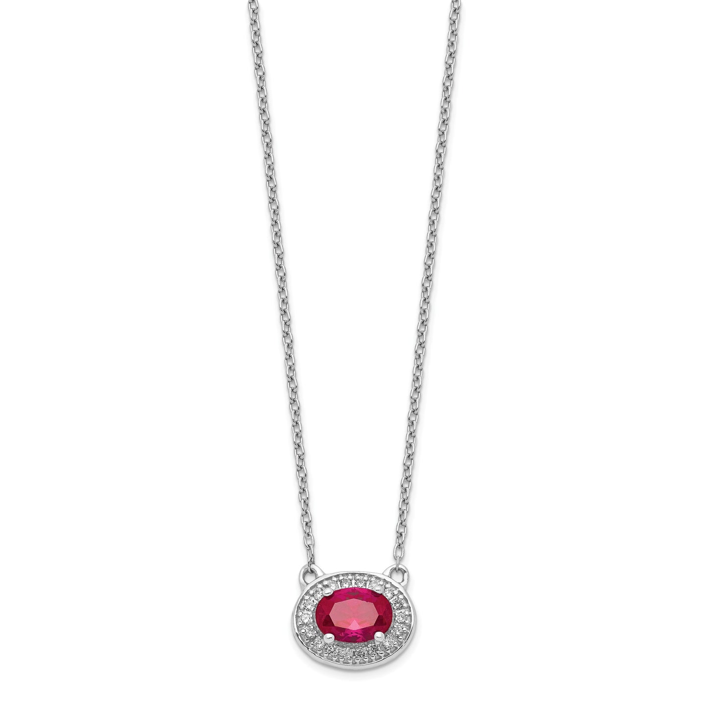 14k White Gold Diamond and 7x5mm Oval Ruby Halo East-West 18 inch Necklace