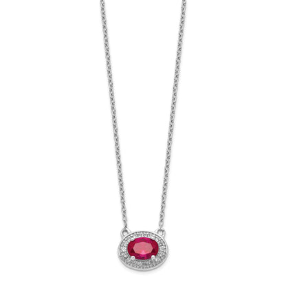 14k White Gold Diamond and 7x5mm Oval Ruby Halo East-West 18 inch Necklace