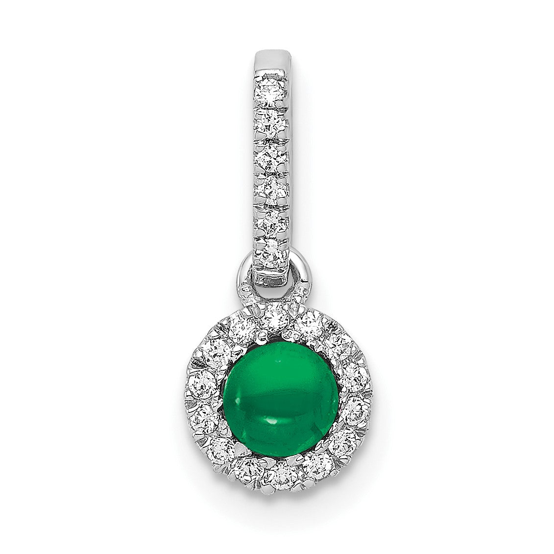 14k White Gold Diamond and Cabochon .47 Emerald Halo Pendant