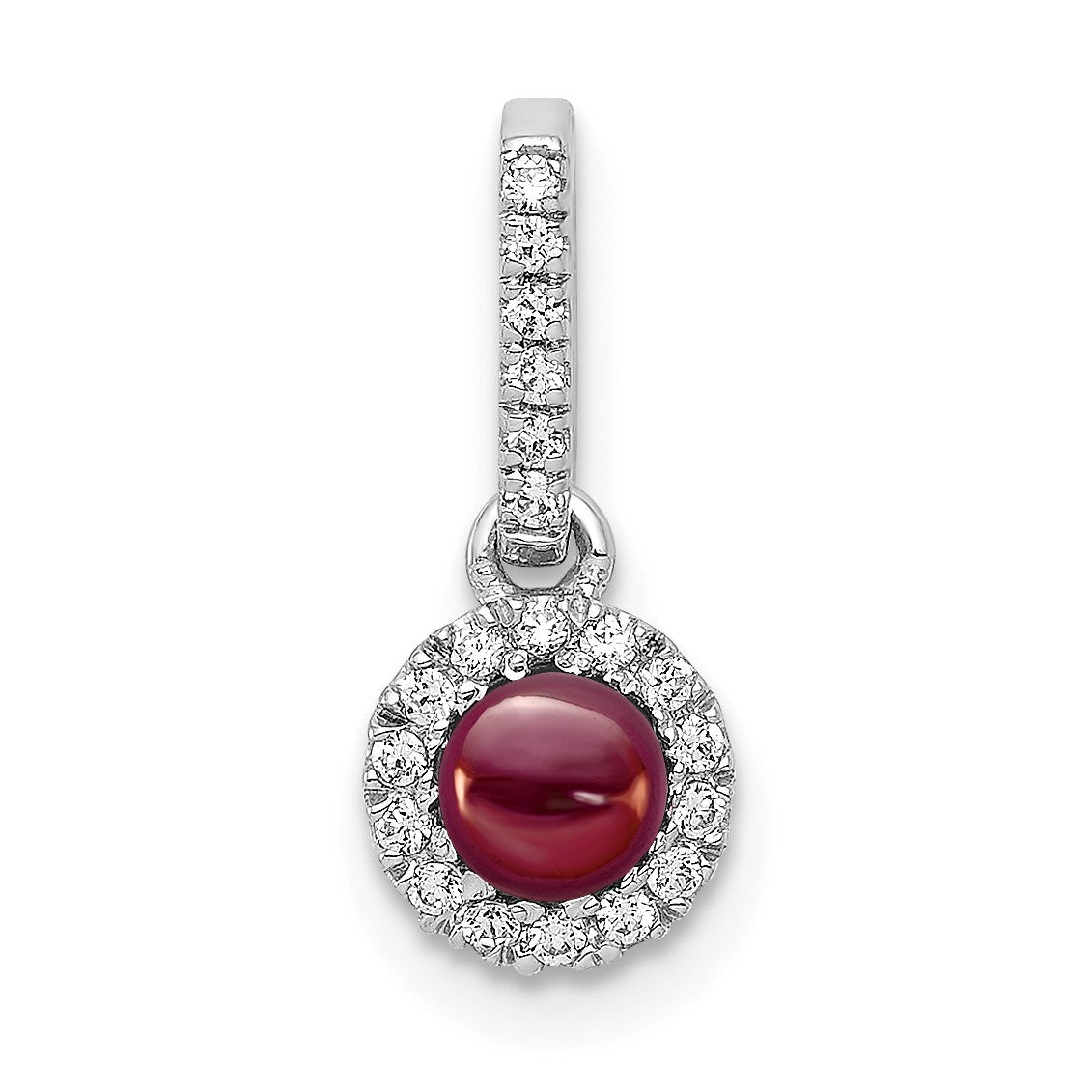 14k White Gold Diamond and 3.7mm Round Cabochon Garnet Halo Pendant
