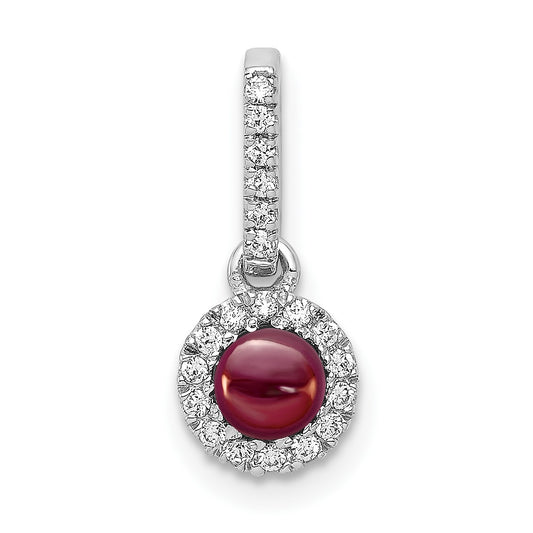14k White Gold Diamond and 3.7mm Round Cabochon Garnet Halo Pendant