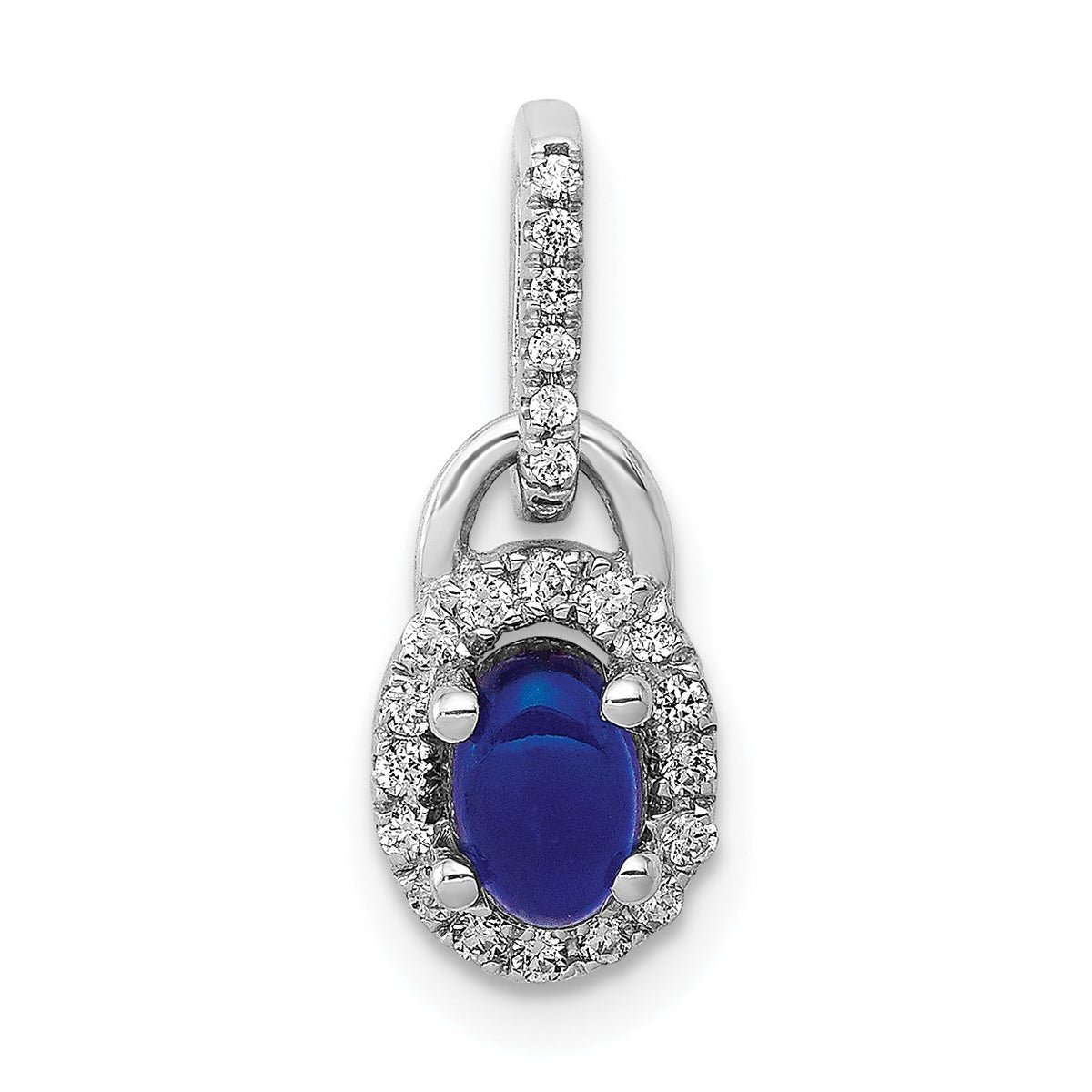 14k White Gold Diamond and Oval Cabochon Sapphire Halo Pendant