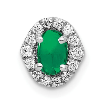14k White Gold Halo Diamond and Oval Cabochon .73 Emerald Chain Slide
