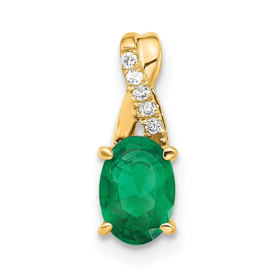 14k 7x5 Oval May/Lab Created Emerald and Diamond Pendant