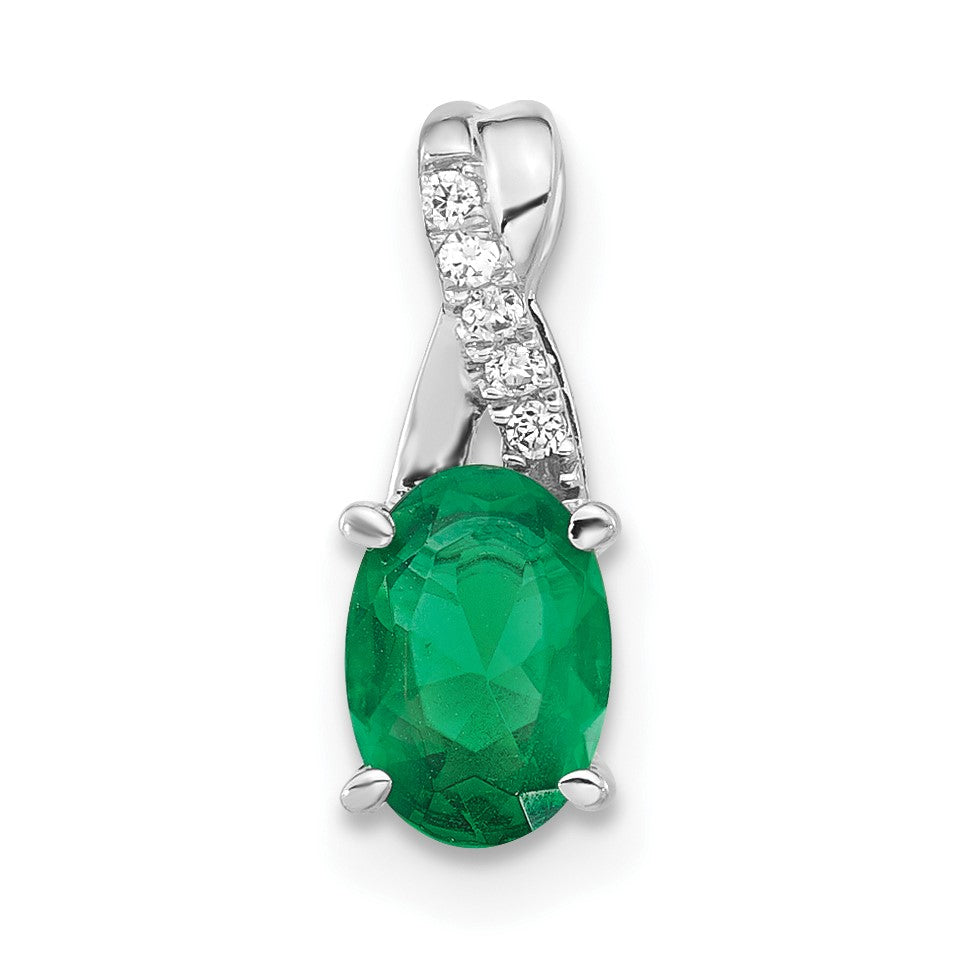 14K White Gold 7x5 Oval May/Lab Created Emerald and Diamond Pendant