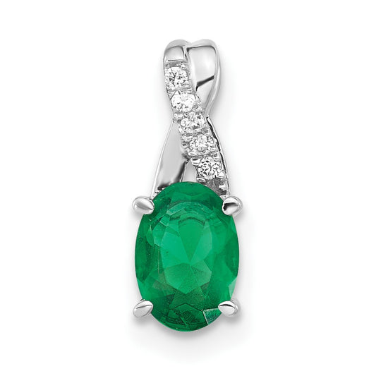 14K White Gold 7x5 Oval May/Lab Created Emerald and Diamond Pendant