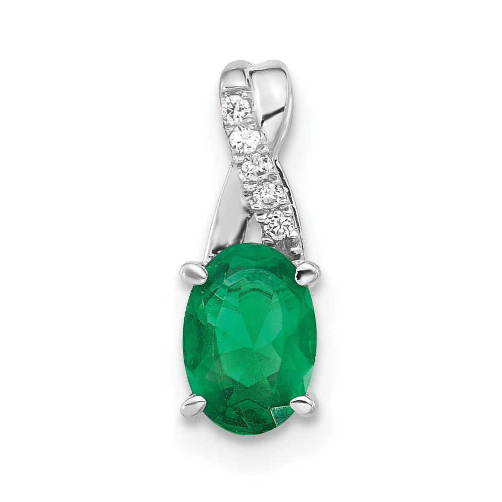 14K White Gold Oval Created Emerald and Diamond Pendant