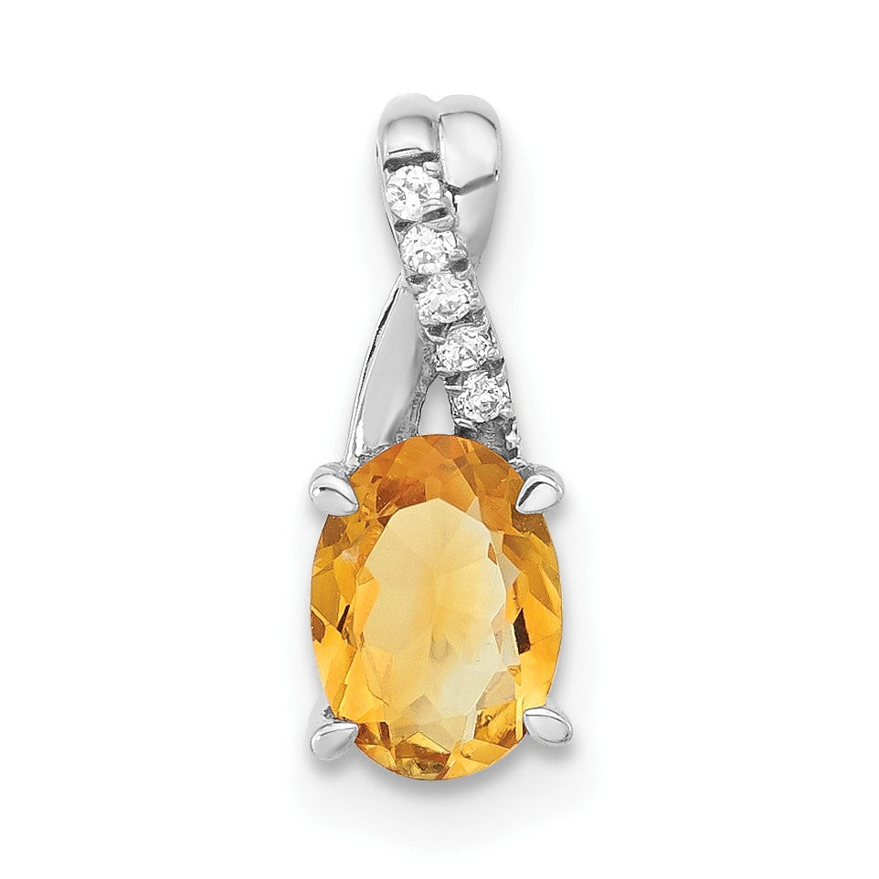 14k White Gold 7x5mm Oval Citrine and Diamond Pendant