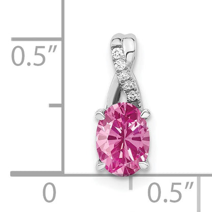 14K White Gold 7x5 Oval October/Lab Created Pink Sapphire and Diamond Pendant