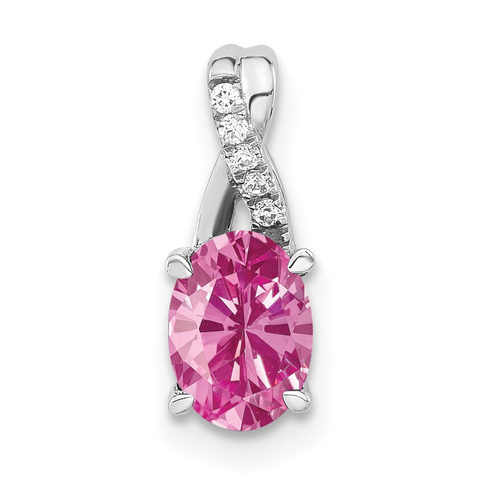 14K White Gold 7x5 Oval October/Lab Created Pink Sapphire and Diamond Pendant