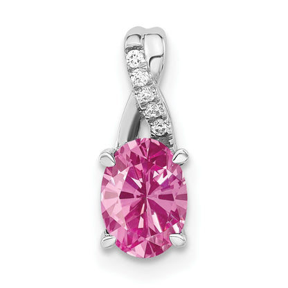14K White Gold 7x5 Oval October/Lab Created Pink Sapphire and Diamond Pendant