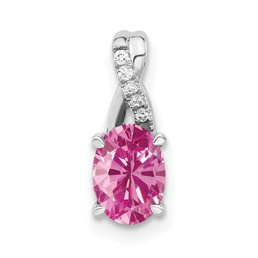 14K White Gold Oval Created Pink Sapphire and Diamond Pendant