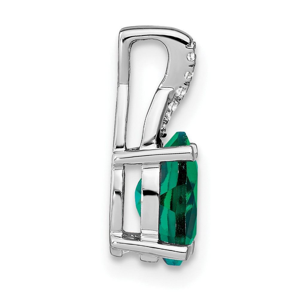 14k White Gold 7x5mm Oval Lab Created Emerald and Diamond Pendant