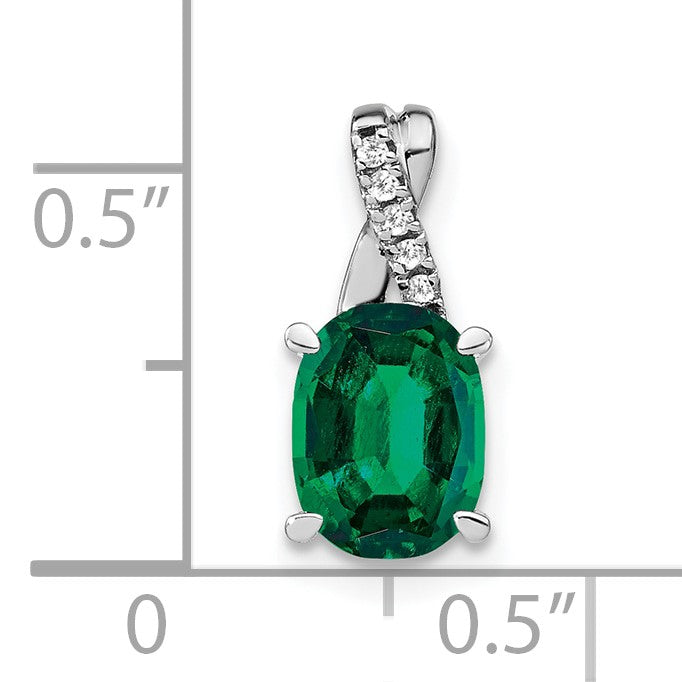 14k White Gold 7x5mm Oval Lab Created Emerald and Diamond Pendant