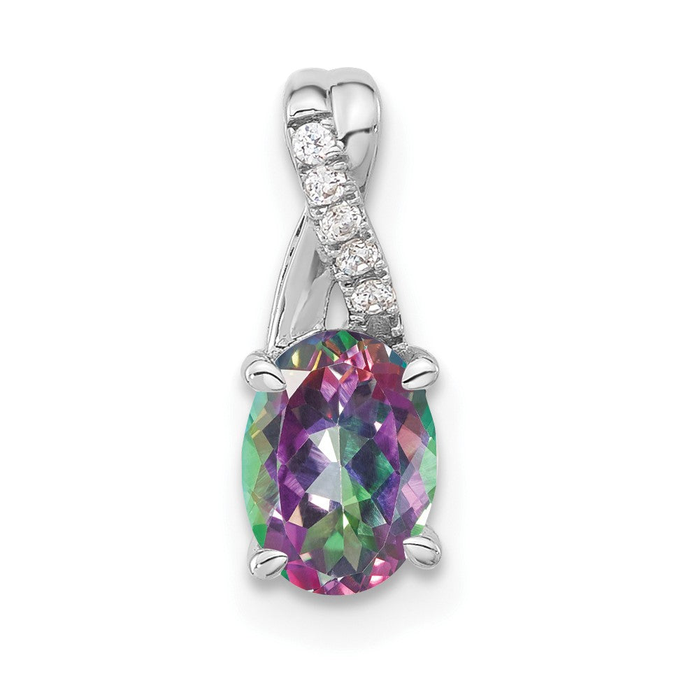 14k White Gold 8x6mm Oval Mystic Fire Topaz and Diamond Pendant