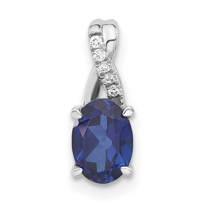 14k White Gold 7x5mm Oval Lab Created Sapphire and Diamond Pendant