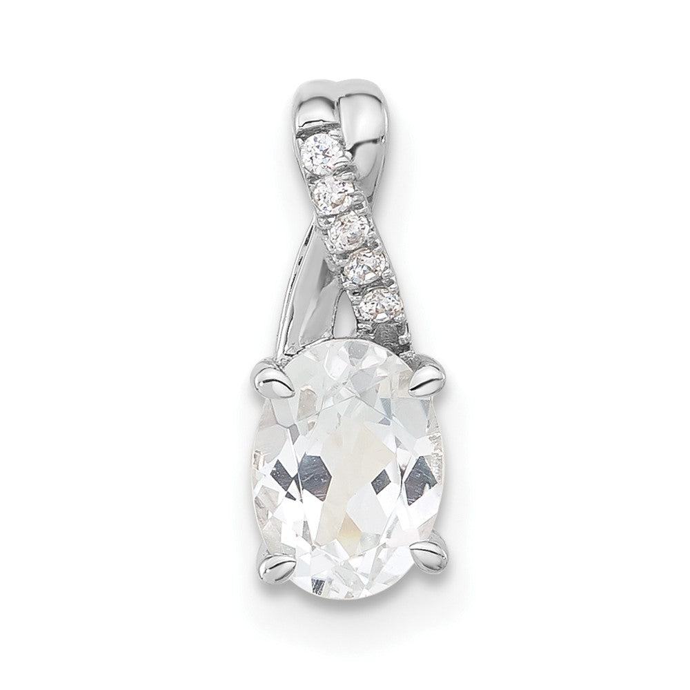 14K White Gold Oval White Topaz and Diamond Pendant