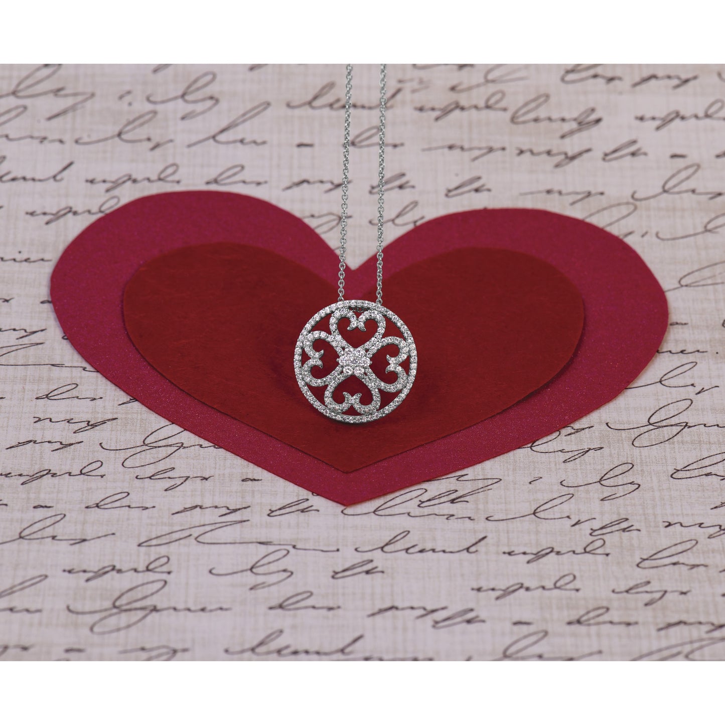 14k White Gold 1/2 carat Diamond Vintage Hearts Pendant 18 inch Necklace