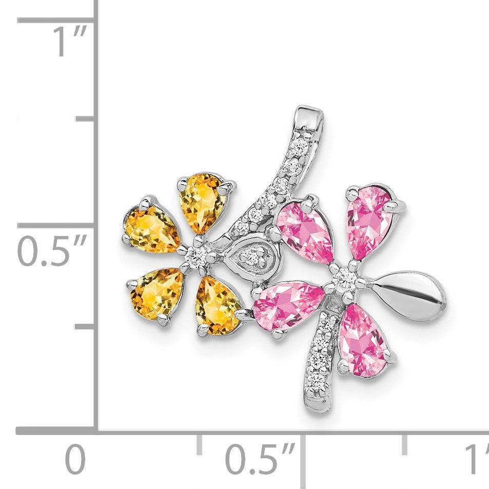 14k White Gold Diamond and Pear Citrine/Pink Tourmaline Flower Pendant